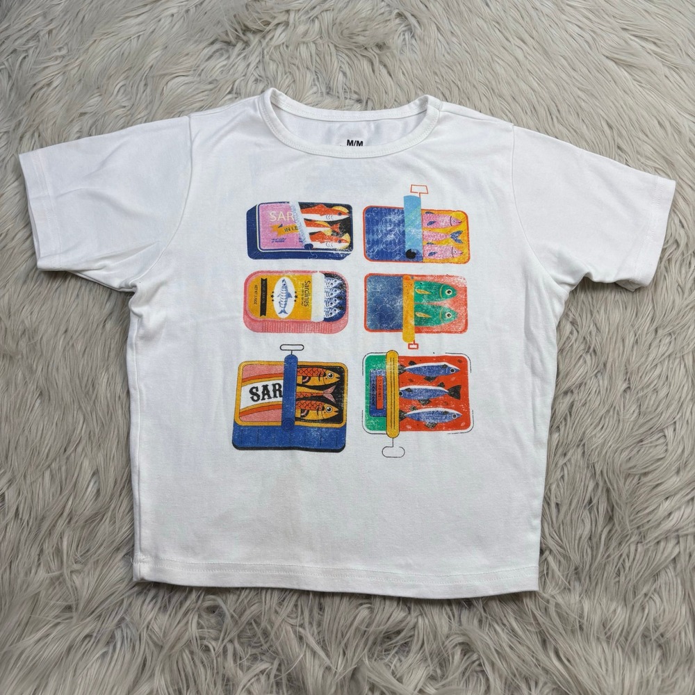 Philcos Women's / Junior's M White Sardine Graphic Baby Tee Whimsy Dopamine